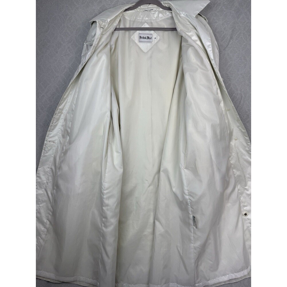 Vtg British Mist Trench Raincoat Womens 14 Ivory Shimmer Long Retro Classic 80s - Picture 6 of 16